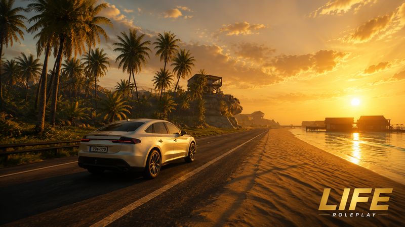 LIFE Roleplay key art — sedan on a beach highway at sunset