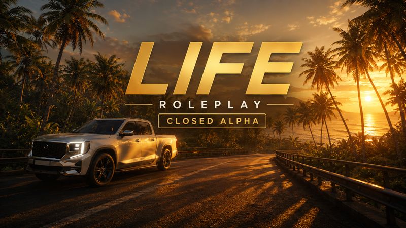 LIFE Roleplay key art — pickup on a coastal road at sunset