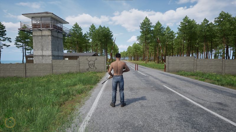 In-game screenshot — player with a rifle at an abandoned checkpoint