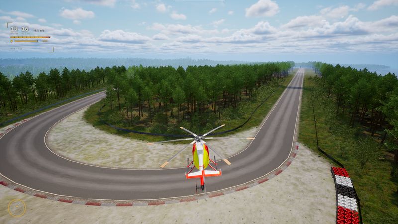 In-game screenshot — medic helicopter hovering over a race track hairpin