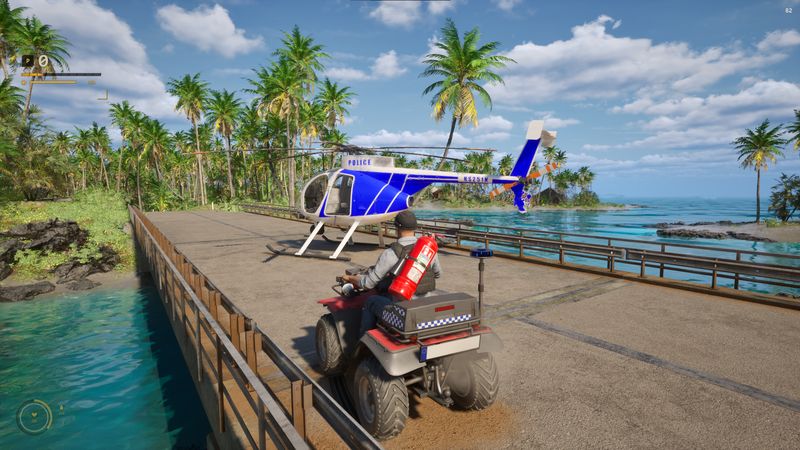 In-game screenshot — police helicopter on a pier helipad, player on a quad
